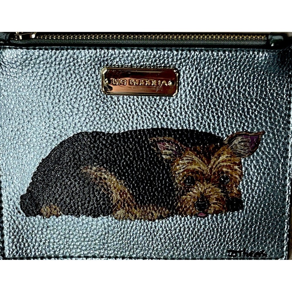 Big Buddha Aqua Metallic Leather Pouch Hand Painted Yorkie Dog Clutch Bag
